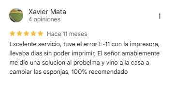 Xavier Mata, 5 estrellas en Google: tuve el error E-11 con la impresora y llevaba días sin poder imprimir. Amablemente me dio una solución al problema y vino a la casa a cambiar las esponjas. 100% recomendado.